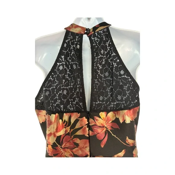 Black metallic gold and rose floral halter mini dress size large made in USA - Picture 5 of 9